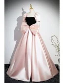 Cute Pink And Black Big Bow Ballgown Prom Dress With Short Sleeves