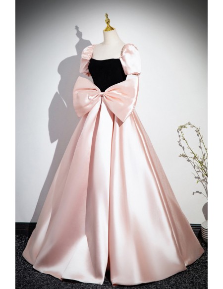 Cute Pink And Black Big Bow Ballgown Prom Dress With Short Sleeves