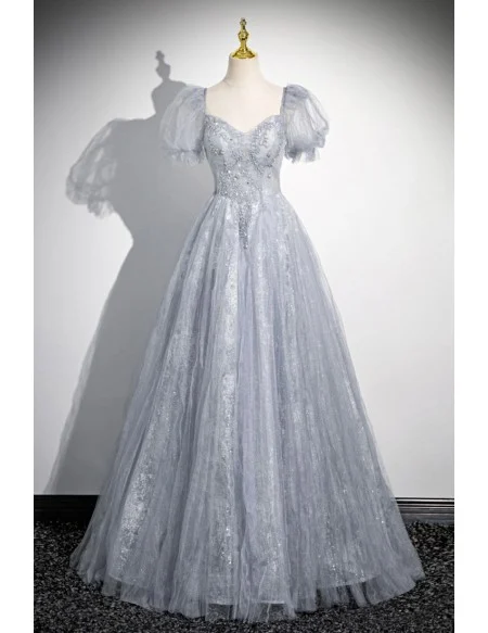 Ruched Grey Tulle Long Prom Dress Sequined With Sleeves
