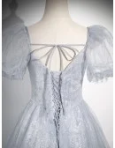 Ruched Grey Tulle Long Prom Dress Sequined With Sleeves
