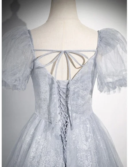 Ruched Grey Tulle Long Prom Dress Sequined With Sleeves