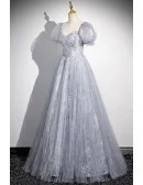 Ruched Grey Tulle Long Prom Dress Sequined With Sleeves
