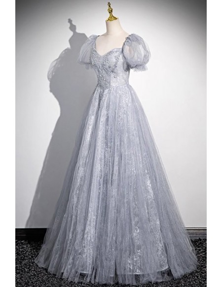 Ruched Grey Tulle Long Prom Dress Sequined With Sleeves