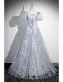 Ruched Grey Tulle Long Prom Dress Sequined With Sleeves