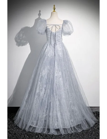 Ruched Grey Tulle Long Prom Dress Sequined With Sleeves