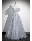 Ruched Grey Tulle Long Prom Dress Sequined With Sleeves