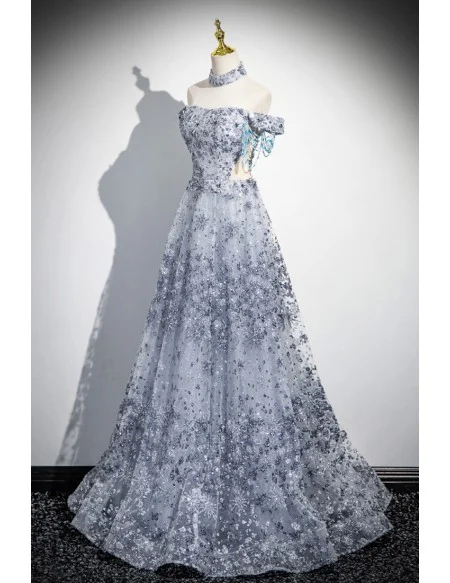Silver Sequined Off Shoulder Fancy Prom Dress With Cutout Waist