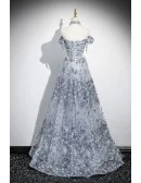 Silver Sequined Off Shoulder Fancy Prom Dress With Cutout Waist