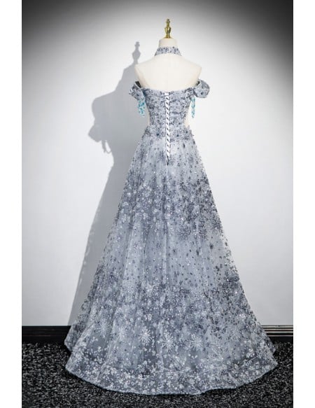 Silver Sequined Off Shoulder Fancy Prom Dress With Cutout Waist