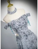 Silver Sequined Off Shoulder Fancy Prom Dress With Cutout Waist