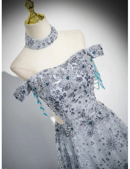 Silver Sequined Off Shoulder Fancy Prom Dress With Cutout Waist