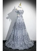 Silver Sequined Off Shoulder Fancy Prom Dress With Cutout Waist
