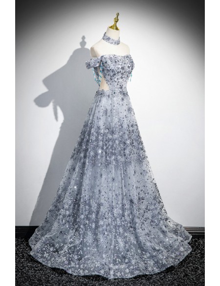 Silver Sequined Off Shoulder Fancy Prom Dress With Cutout Waist