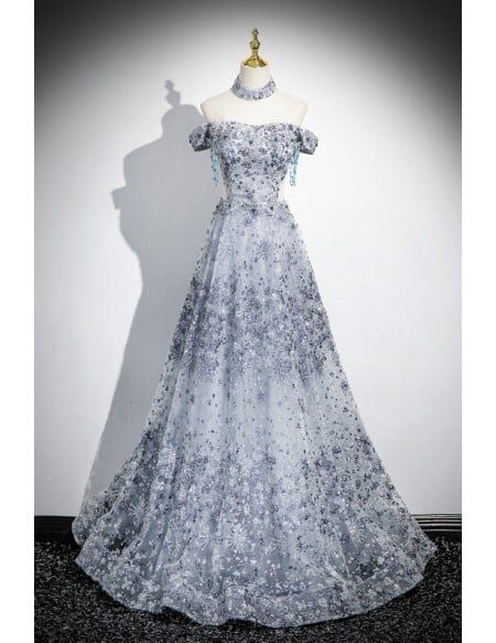 Silver Sequined Off Shoulder Fancy Prom Dress With Cutout Waist