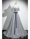 Fantasy Silver Sparkly Long Prom Dress Beaded Neckline With Sash