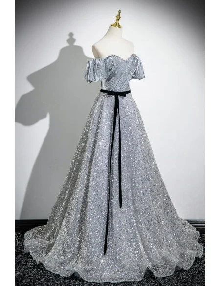 Fantasy Silver Sparkly Long Prom Dress Beaded Neckline With Sash