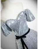 Fantasy Silver Sparkly Long Prom Dress Beaded Neckline With Sash