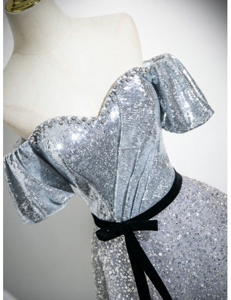 Fantasy Silver Sparkly Long Prom Dress Beaded Neckline With Sash