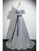 Fantasy Silver Sparkly Long Prom Dress Beaded Neckline With Sash