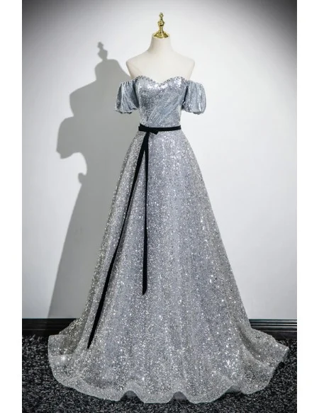 Fantasy Silver Sparkly Long Prom Dress Beaded Neckline With Sash