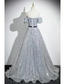 Fantasy Silver Sparkly Long Prom Dress Beaded Neckline With Sash