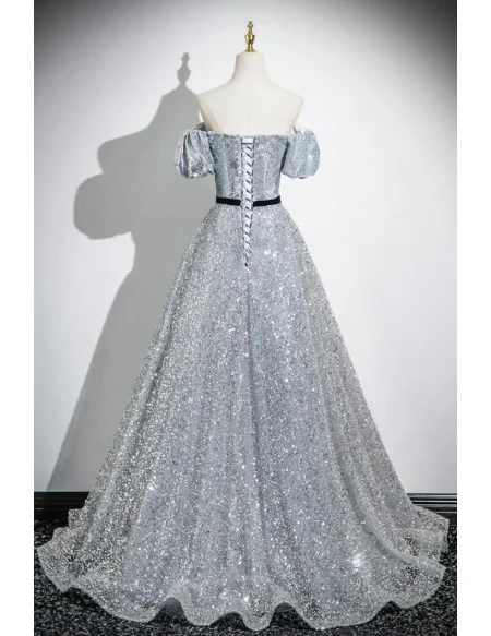 Fantasy Silver Sparkly Long Prom Dress Beaded Neckline With Sash