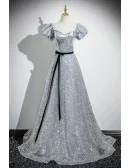 Fantasy Silver Sparkly Long Prom Dress Beaded Neckline With Sash