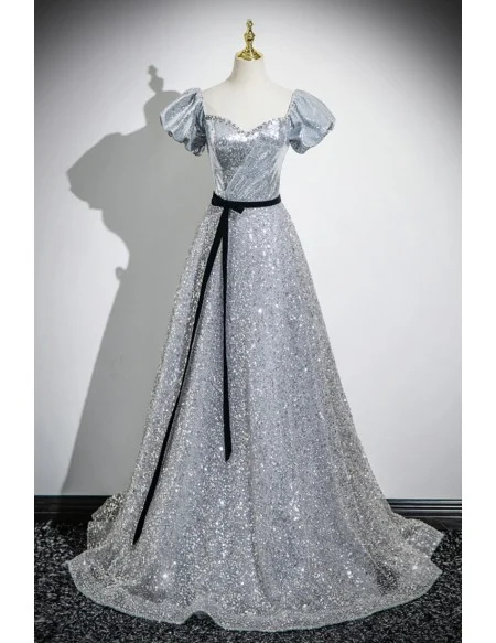 Fantasy Silver Sparkly Long Prom Dress Beaded Neckline With Sash