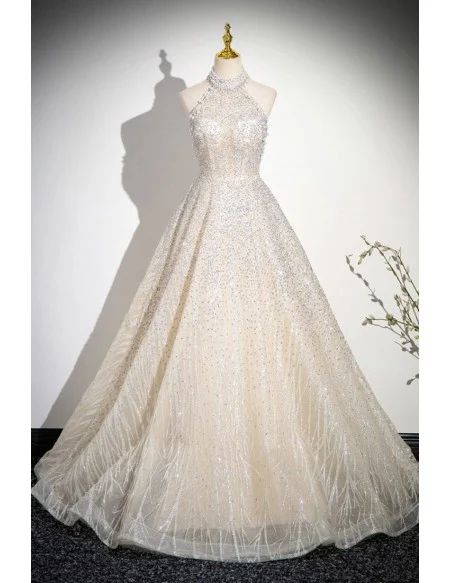 Noble Champagne Tulle Sequined Ballgown Prom Dress With Pearls