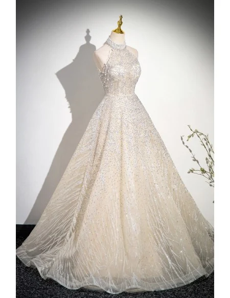 Noble Champagne Tulle Sequined Ballgown Prom Dress With Pearls