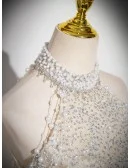 Noble Champagne Tulle Sequined Ballgown Prom Dress With Pearls