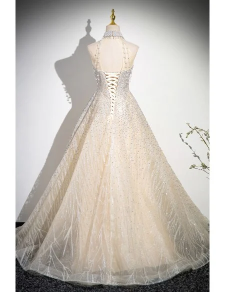 Noble Champagne Tulle Sequined Ballgown Prom Dress With Pearls