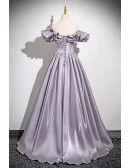 Sleek Dusty Purple Grey Ruffled Off Shoulder Prom Dress
