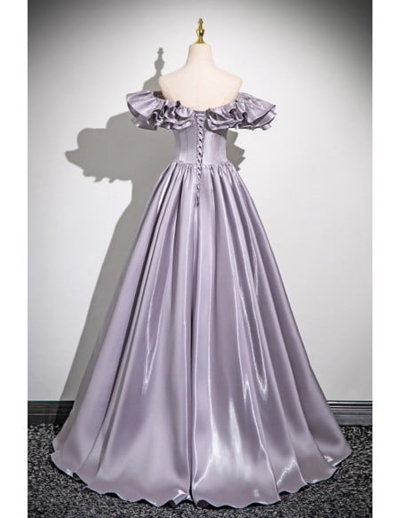Sleek Dusty Purple Grey Ruffled Off Shoulder Prom Dress