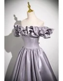 Sleek Dusty Purple Grey Ruffled Off Shoulder Prom Dress