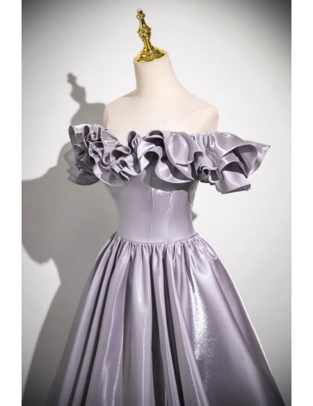 Sleek Dusty Purple Grey Ruffled Off Shoulder Prom Dress
