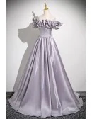 Sleek Dusty Purple Grey Ruffled Off Shoulder Prom Dress