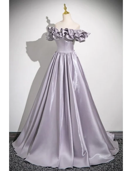 Sleek Dusty Purple Grey Ruffled Off Shoulder Prom Dress