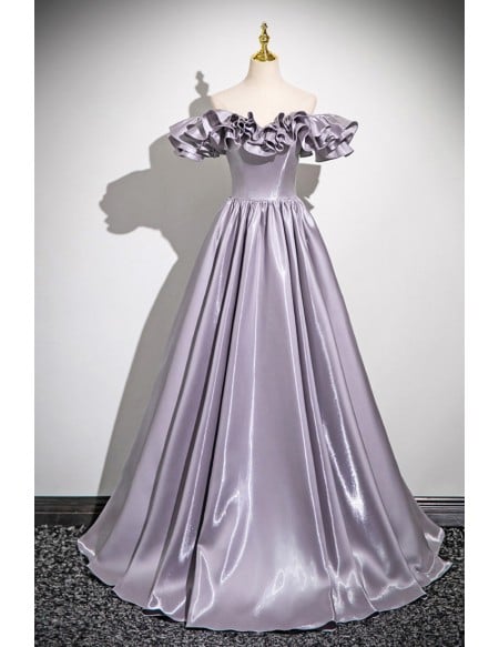 Sleek Dusty Purple Grey Ruffled Off Shoulder Prom Dress
