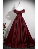 Elegant Burgundy Pleated Satin Long Prom Dress Off Shoulder