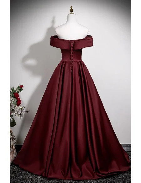 Elegant Burgundy Pleated Satin Long Prom Dress Off Shoulder