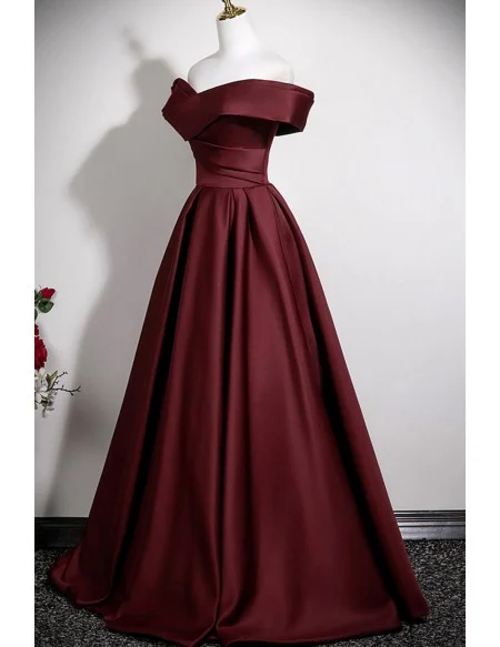 Elegant Burgundy Pleated Satin Long Prom Dress Off Shoulder