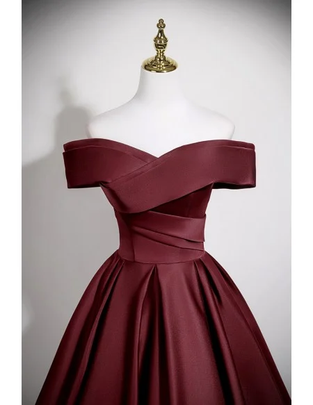 Elegant Burgundy Pleated Satin Long Prom Dress Off Shoulder