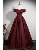 Elegant Burgundy Pleated Satin Long Prom Dress Off Shoulder
