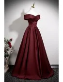 Elegant Burgundy Pleated Satin Long Prom Dress Off Shoulder