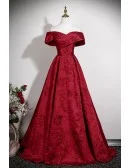 Off Shoulder Burgundy Flowers Pattern Long Prom Dress Elegant