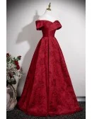 Off Shoulder Burgundy Flowers Pattern Long Prom Dress Elegant
