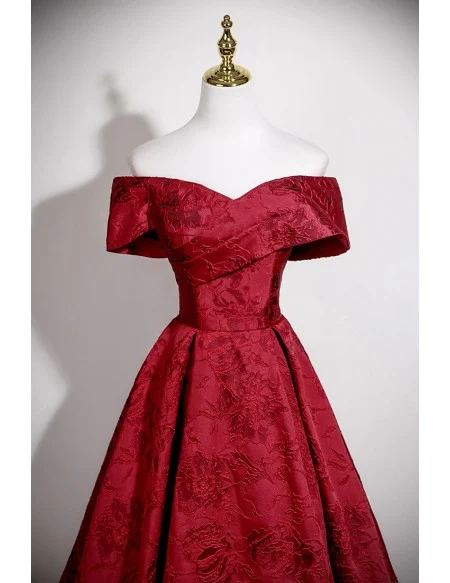 Off Shoulder Burgundy Flowers Pattern Long Prom Dress Elegant