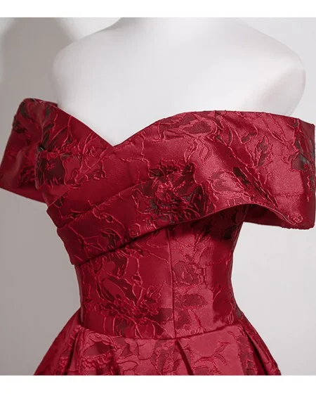 Off Shoulder Burgundy Flowers Pattern Long Prom Dress Elegant