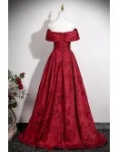 Off Shoulder Burgundy Flowers Pattern Long Prom Dress Elegant